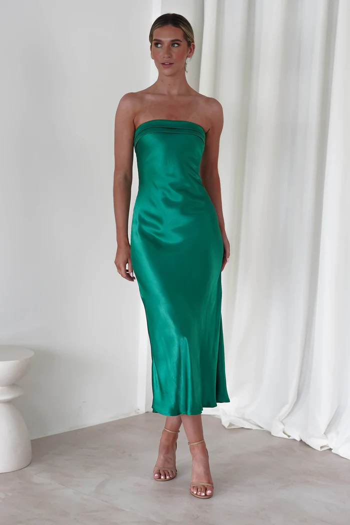  Soft Satin Slip Midi Dress | Emerald Green