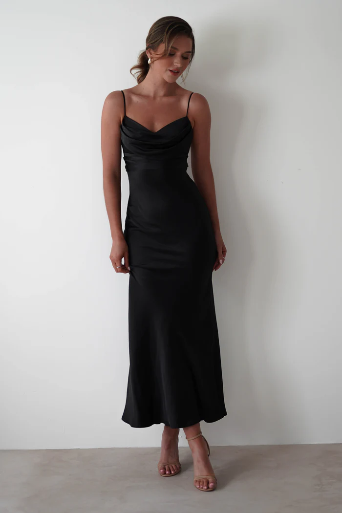 Soft Satin Midi Dress | Black