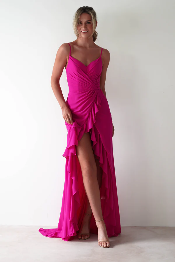 Ruffle Chiffon Maxi Dress | Hot Pink