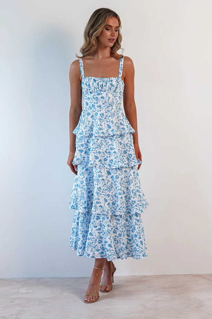 Floral Ruffle Maxi Dress | Blue/White