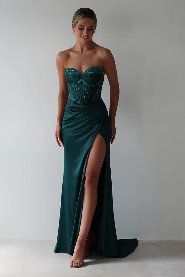 Strapless Embellished Gown | Dark Green