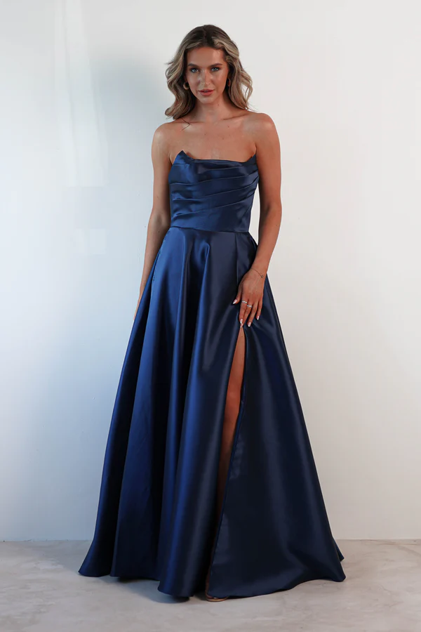 Corset A-Line Satin Gown | Navy