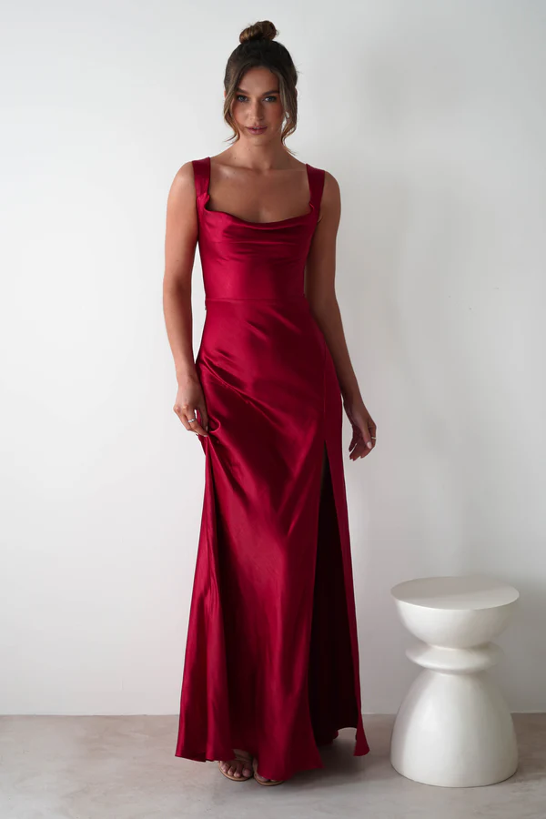 Soft Satin Maxi Gown | Berry Red