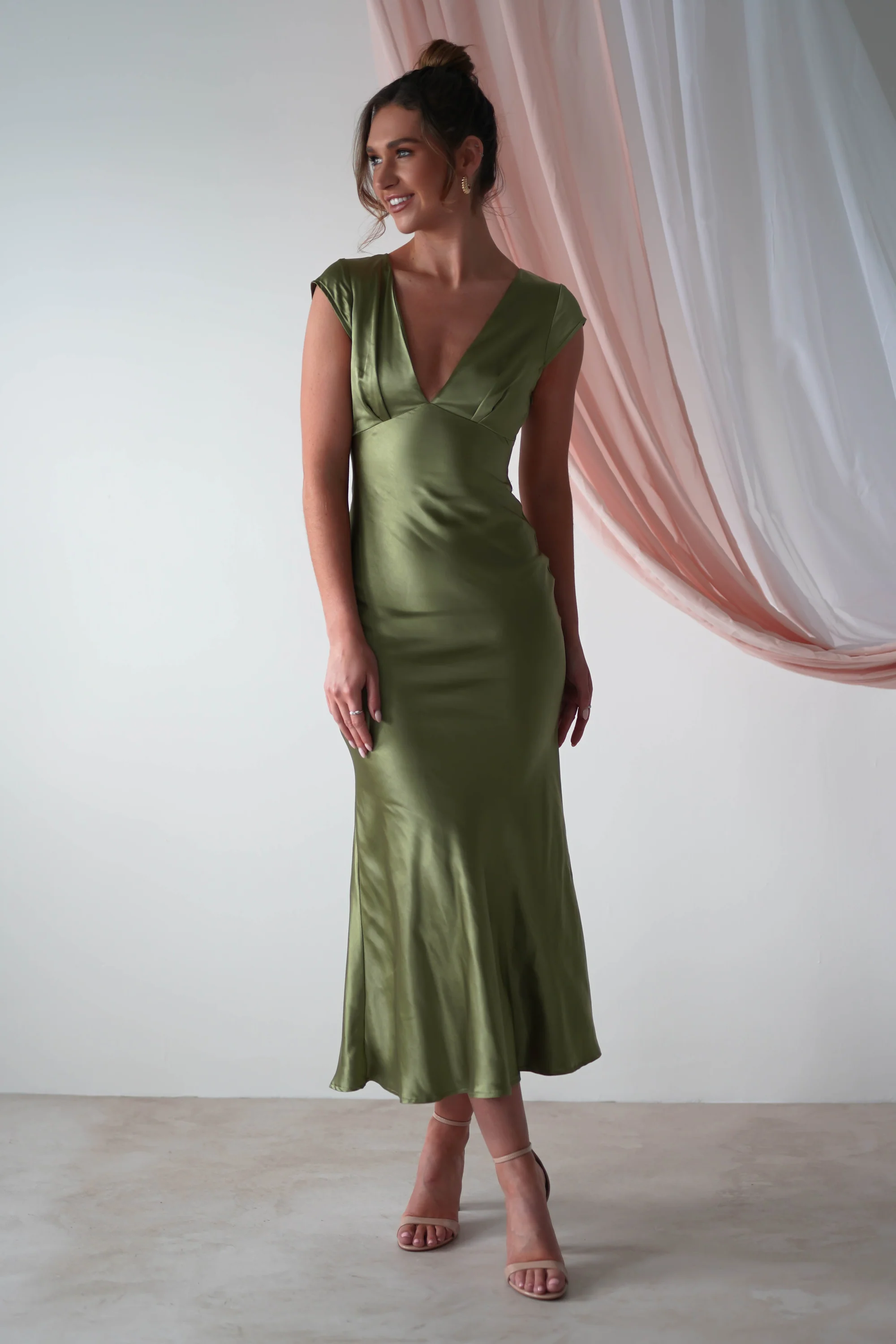  Soft Satin Midaxi Dress | Olive