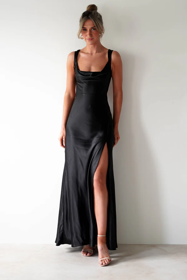 Soft Satin Maxi Gown | Black