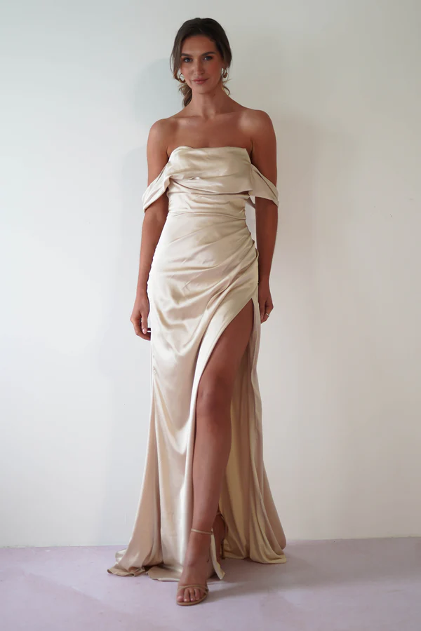 Draped Silky Satin Gown | Champagne