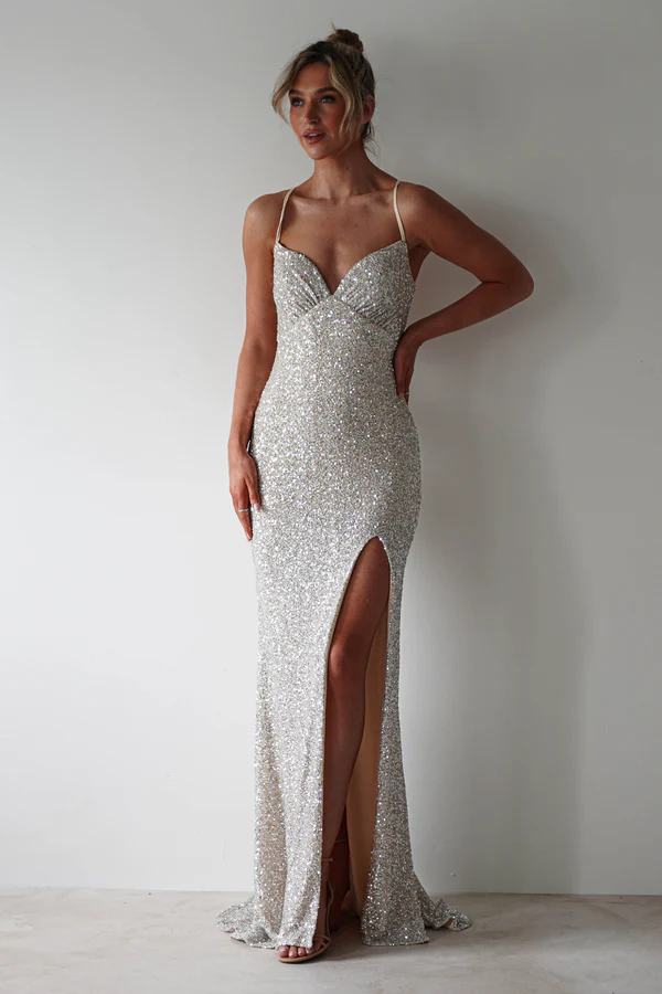 Bodycon Sequin Gown | Champagne Silver