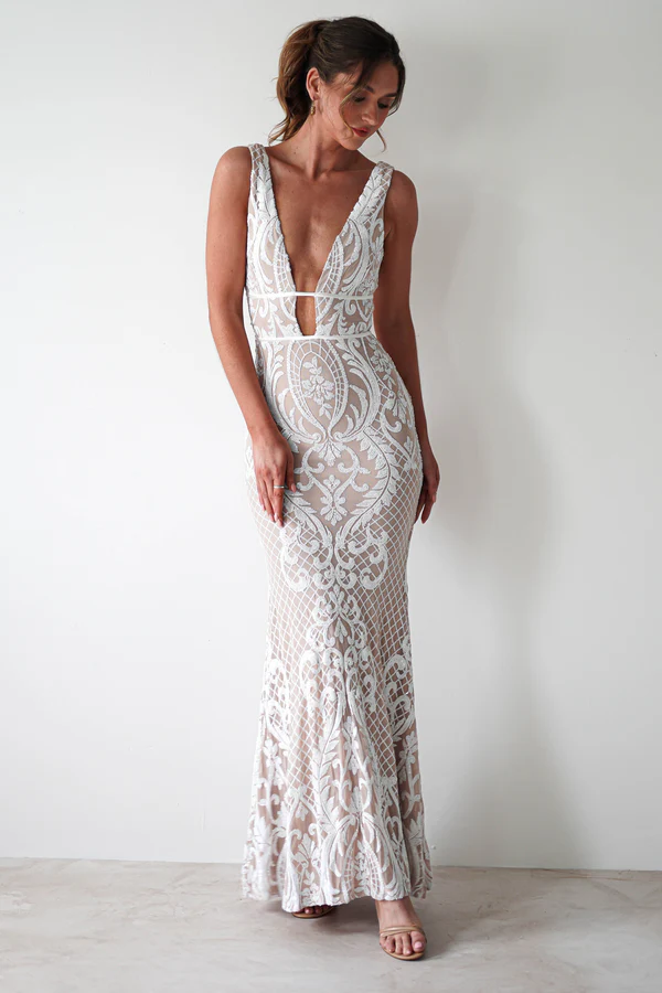 Plunge Sequin Gown | Nude/White