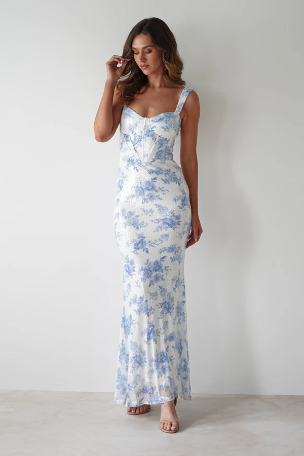 Floral Sequin Maxi Dress | Blue/White