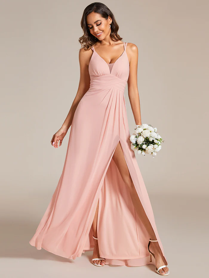 Pink Plunging Neck Split Spaghetti Strap Back X-Cross Bridesmaid Dress