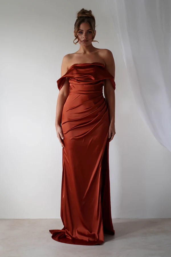 Draped Silky Satin Gown | Rust