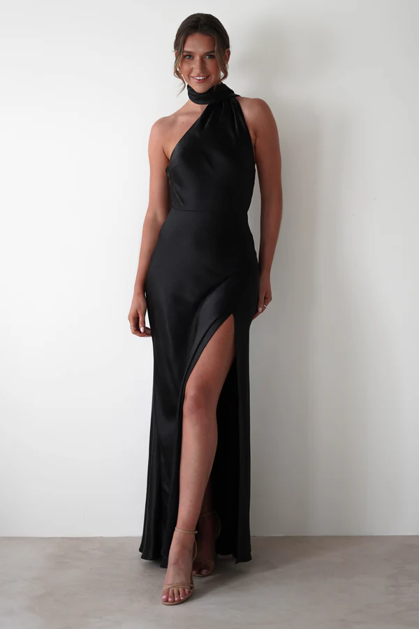 Soft Satin Maxi Gown Dress | Black