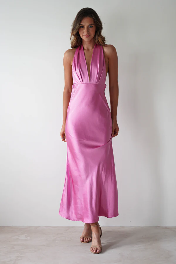 Satin Halter Neck Maxi Dress | Bright Pink