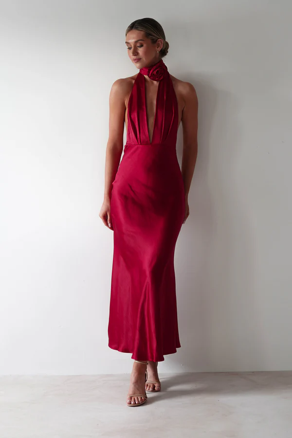 Soft Satin Maxi Dress | Cherry Red