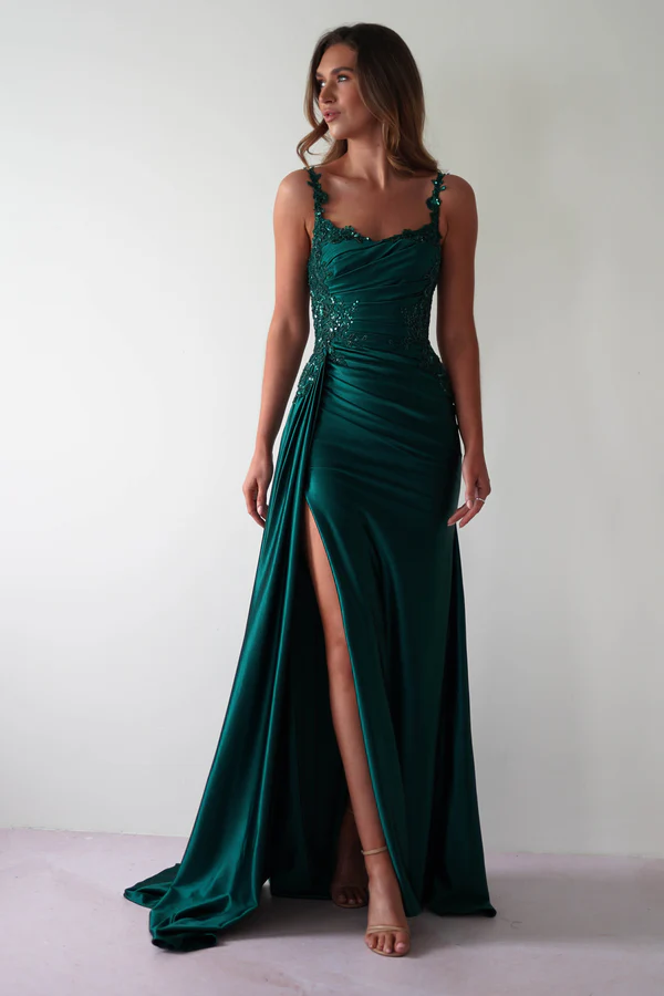 Pleated Bodice Gown | Emerald Green