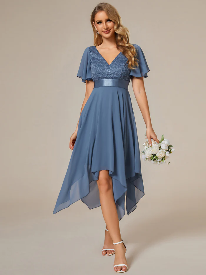 Blue Deep V Neck Chiffon Wholesale Evening Gown With Short Sleeves