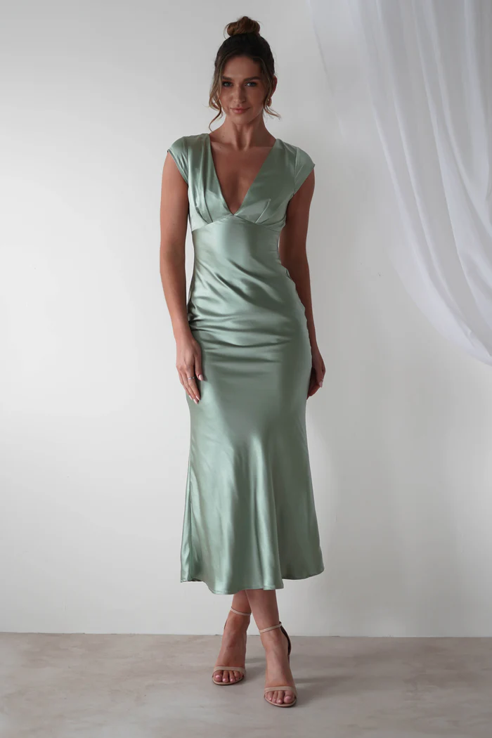 Soft Satin Midaxi Dress | Sage Green