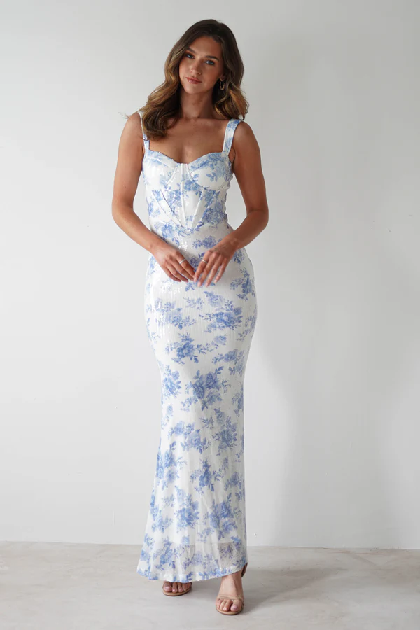 Floral Sequin Maxi Dress | Blue/White