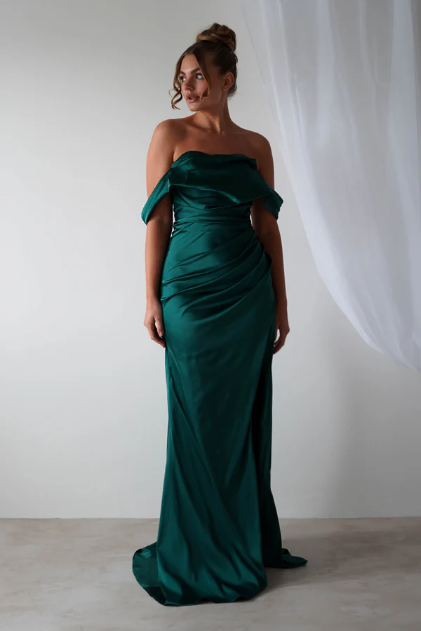 Draped Silky Satin Gown | Green