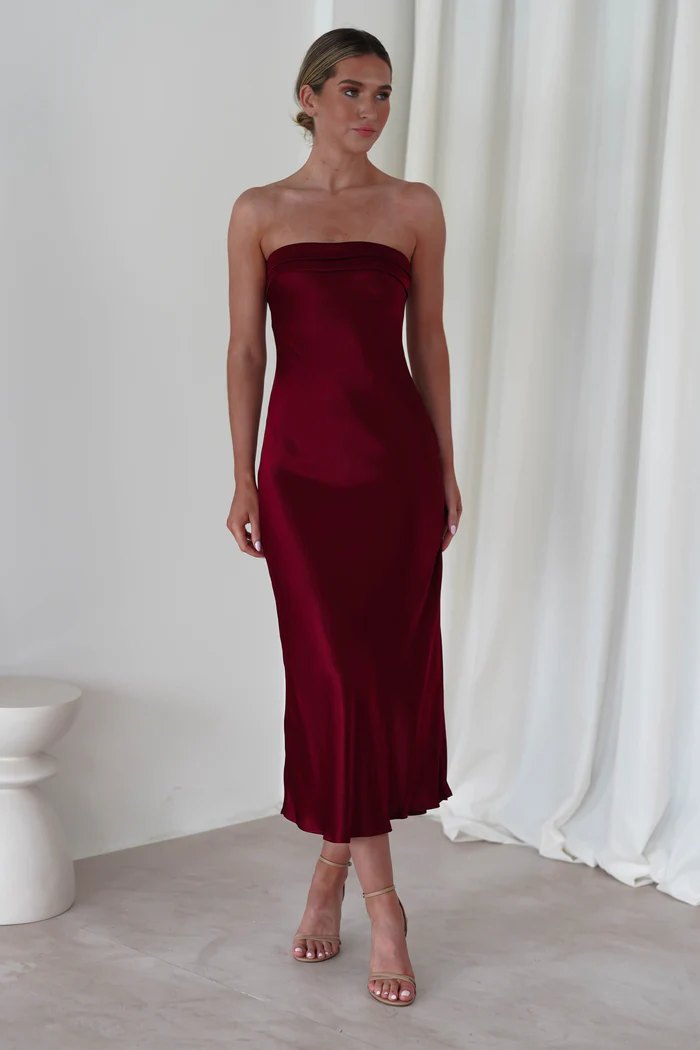 Soft Satin Slip Midi Dress | Wine