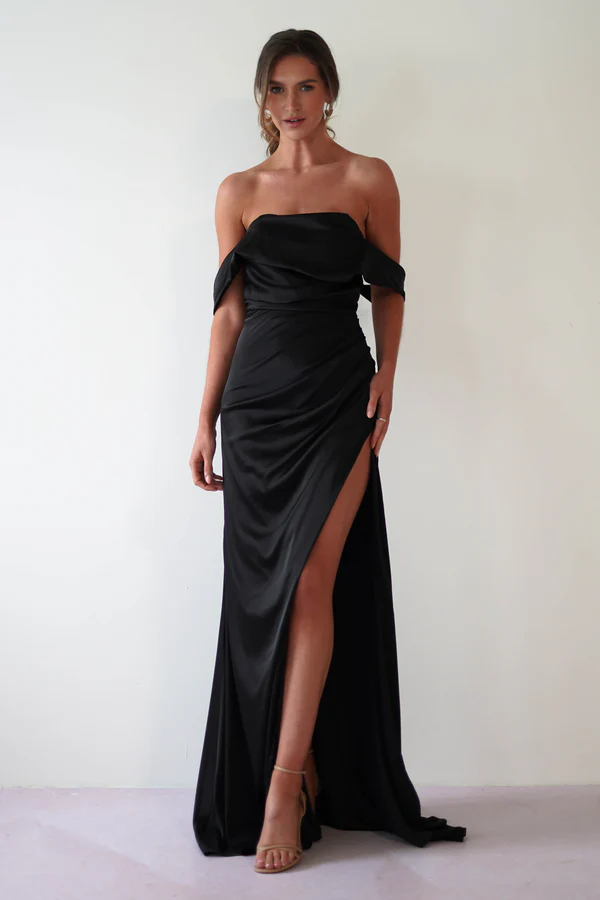 Draped Silky Satin Gown | Black